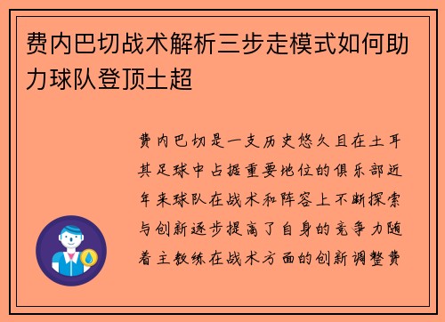 费内巴切战术解析三步走模式如何助力球队登顶土超 费内巴切战术解析三步走模式如何助力球队登顶土超