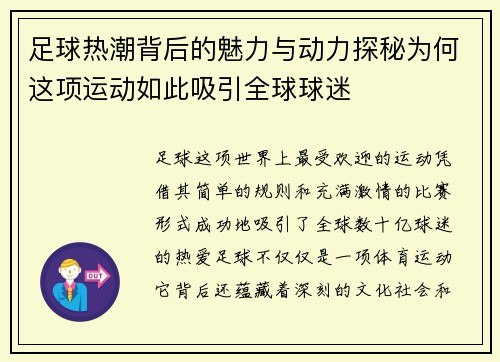足球热潮背后的魅力与动力探秘为何这项运动如此吸引全球球迷 足球热潮背后的魅力与动力探秘为何这项运动如此吸引全球球迷